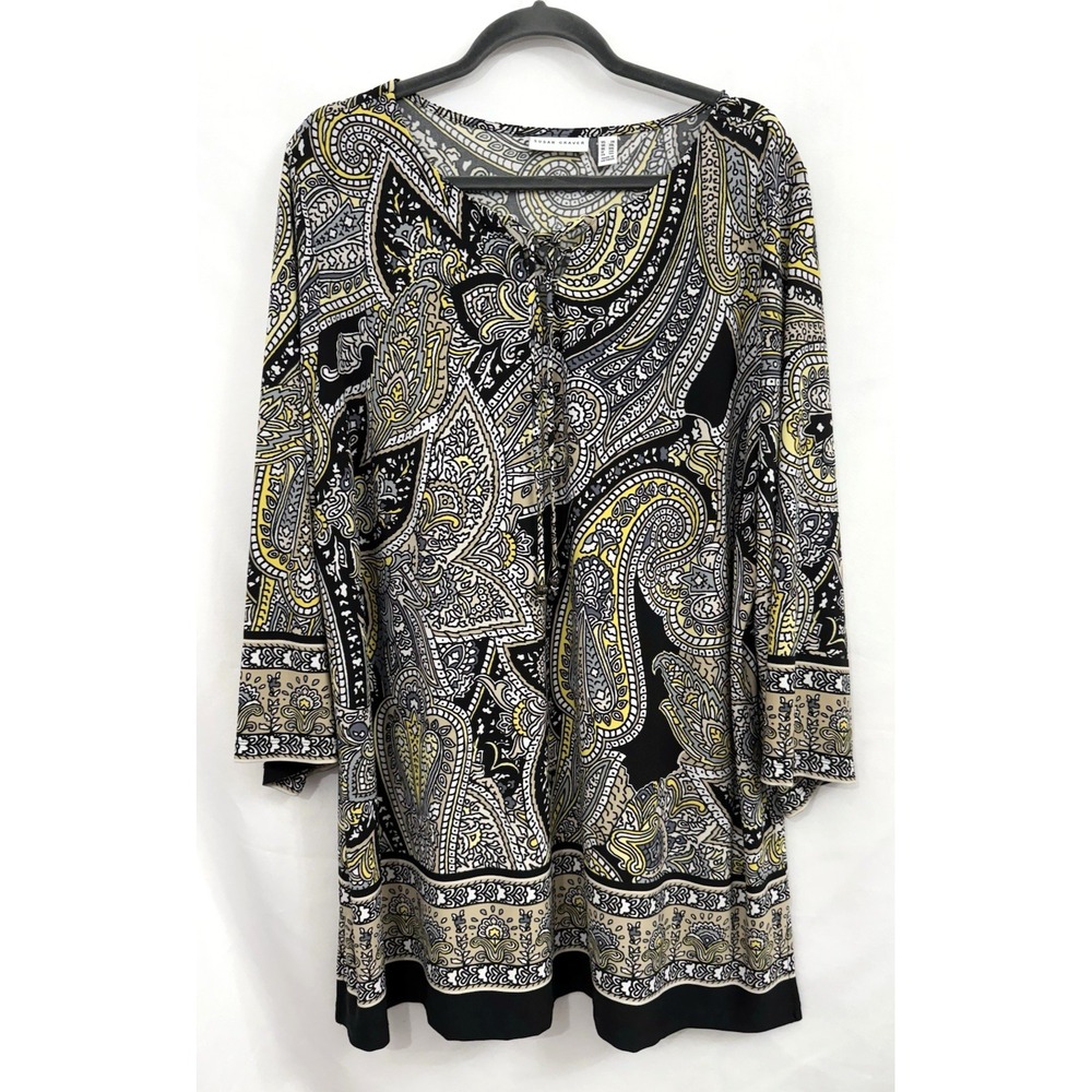 Susan Graver Liquid Knit Black Yellow Paisley Tie Neck Tunic Top Womens Size 2X